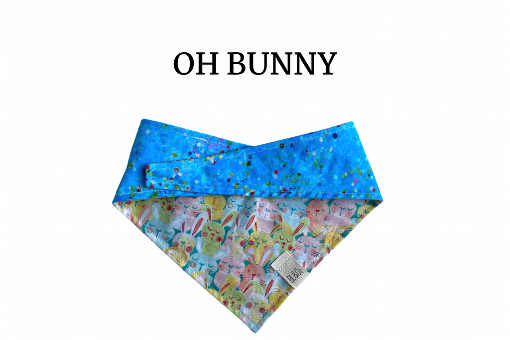 Pastel Bunnies & Vibrant Blue with Speckles Reversible Tie/On Bandana [Oh Bunny]