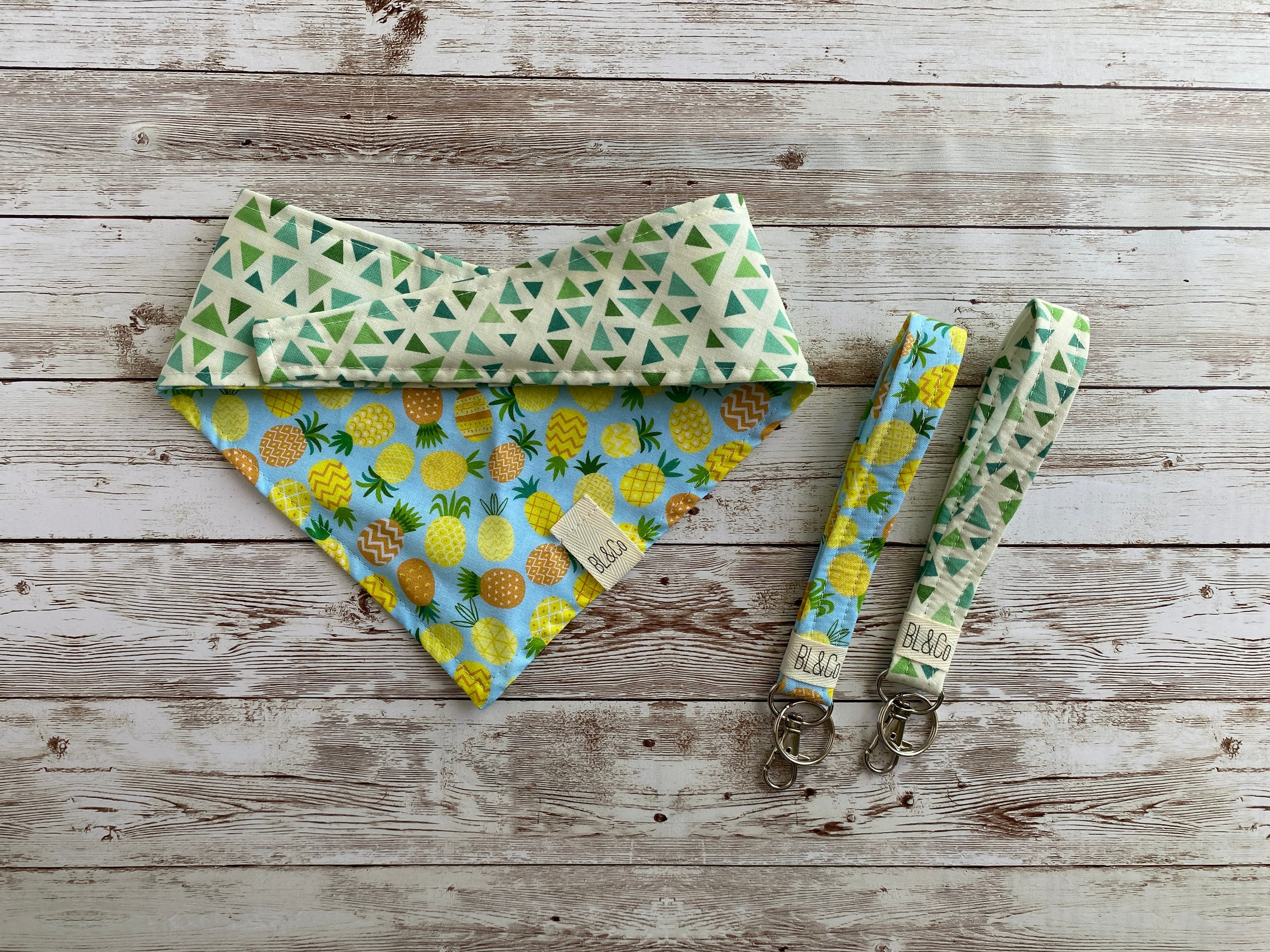 Mini Patterned Pineapples & Green Triangles on Cream Reversible Tie/On Bandana